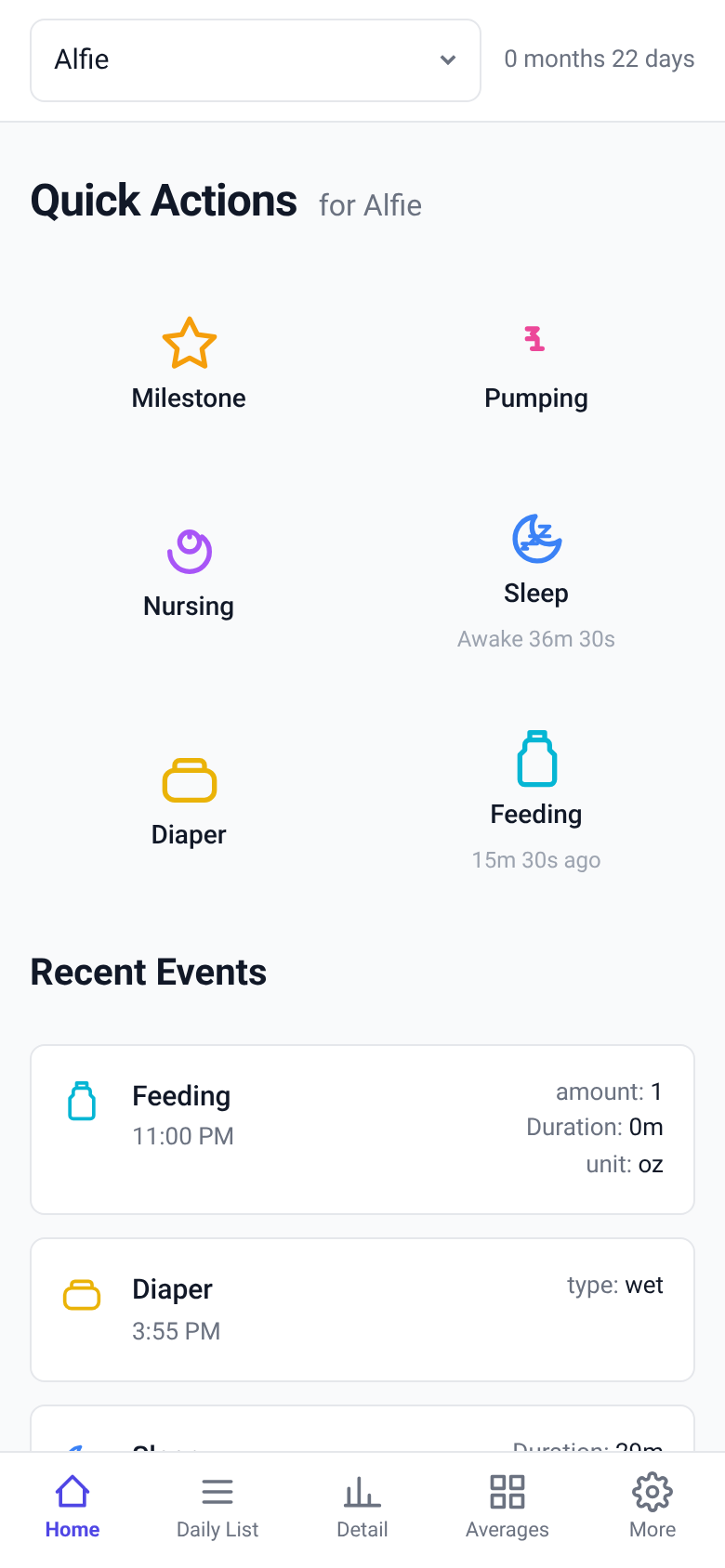 Tott home screen on a phone showing six Quick Action tiles (Milestone, Pumping, Nursing, Sleep, Diaper, Feeding) above a Recent Events list.